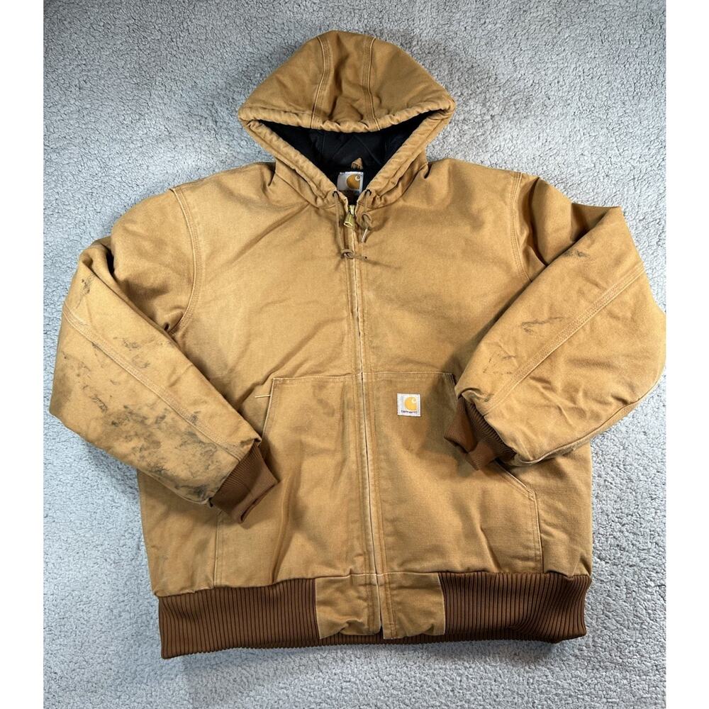 Carhartt Jacket J140 Brown Quilted Lined Hooded Work Large USA Distressed